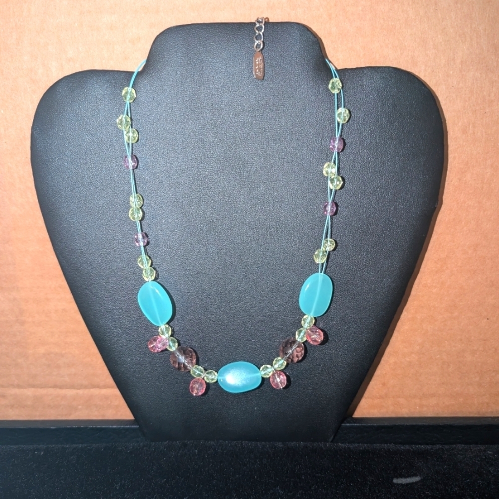 Green, purple and blue beaded necklace